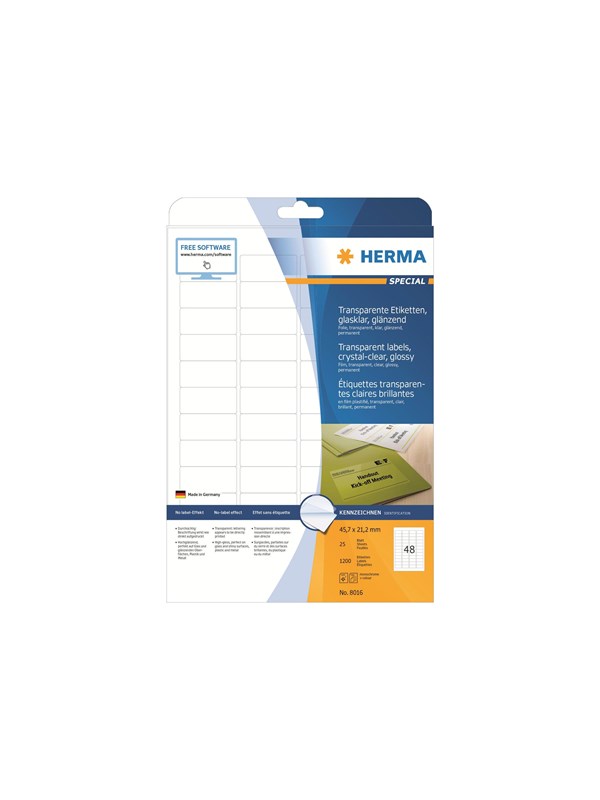 HERMA 8016, Läpinäkyvä, Itse kiinnittyvä tulostintarra, A4, Laser, Kiinteä, Kiilto