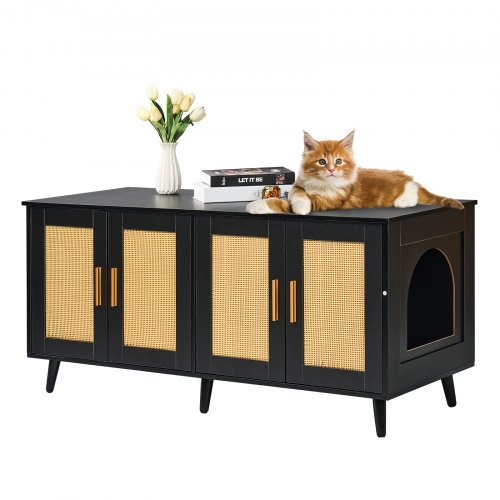 VEVOR Cat Litter Box Enclosure for 2 Cats, Litter Box Furniture Hidden with Rattan Decorated Doors, Wooden Cat Box Cabinet Fit Most of Litter Box, 47.2"L x 19.7"W x 21.7"H, Black