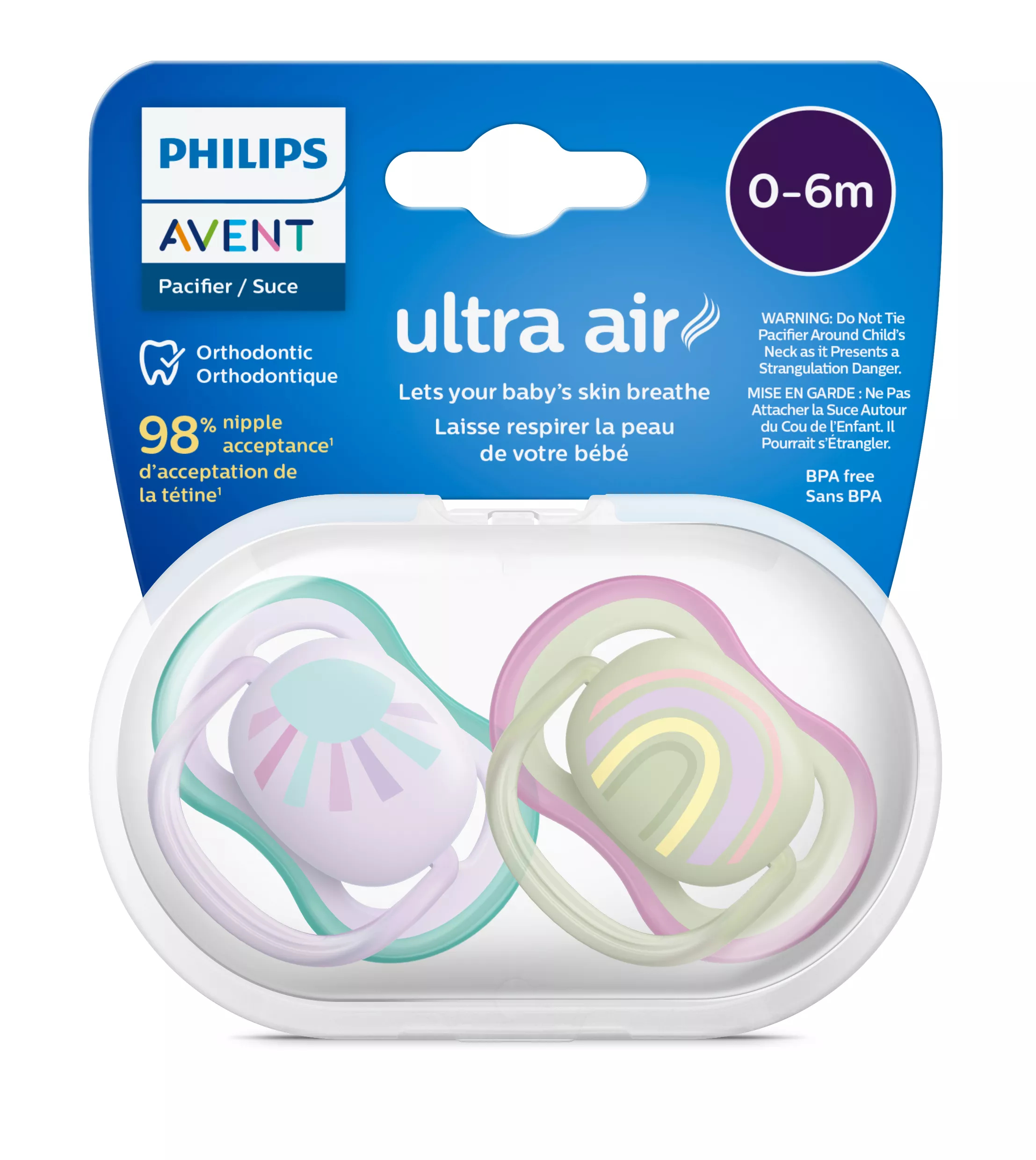 Philips Avent Ultra Air Silikonitutit 0–6 kk Pastelli & Sateenkaari -design – 2 kpl