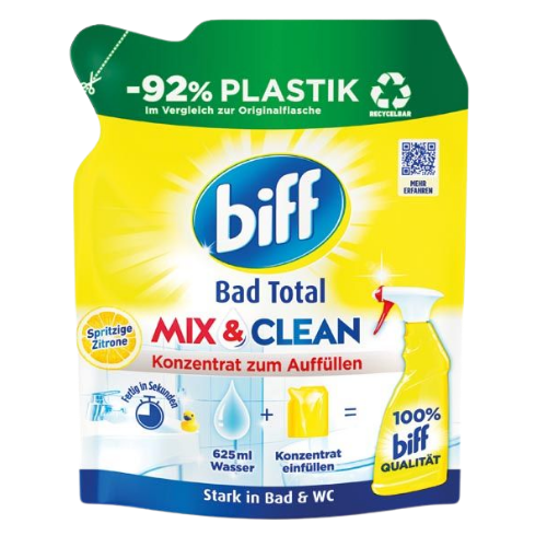Biff Bad Total Mix & Clean Lemon Kylpyhuoneen Puhdistusaineen Tiivistetty Täyttöpakkaus - 125 ml
