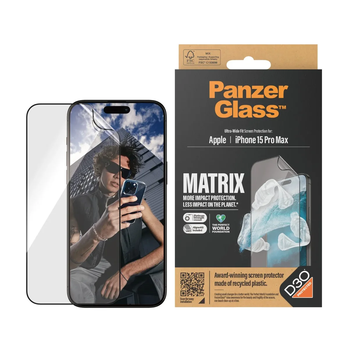 PanzerGlass MATRIX Screen Protector with D3O iPhone 15 Pro Max | Ultra-Wide Fit w. AlignerKit