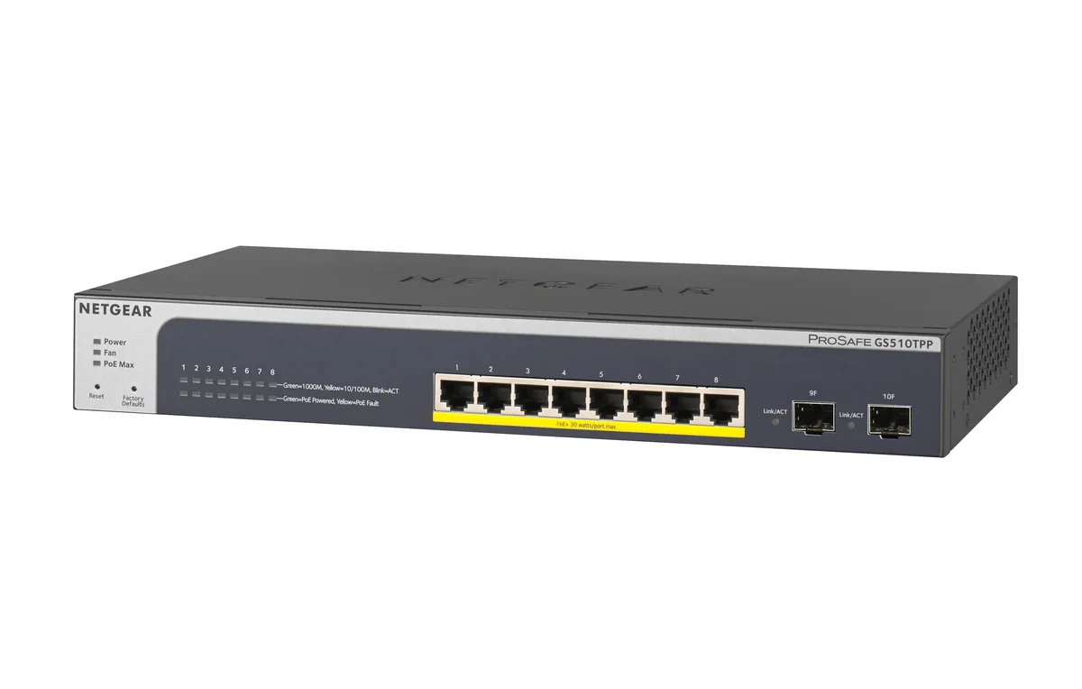 NETGEAR GS510TPP - 8-porttinen älykkäästi hallittava Gigabit PoE+ -kytkin 2 SFP-paikalla, Musta