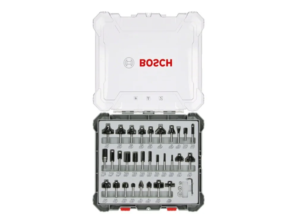 Bosch Jyrsinteräsarja, 30 kpl:n valikoima, 8 mm:n kara 30-piece Mixed Application Router Bit Set.