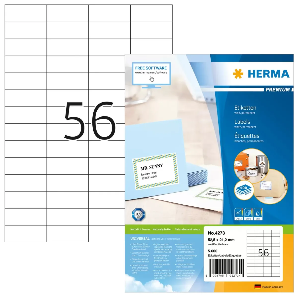 HERMA 4273, Valkoinen, Itse kiinnittyvä tulostintarra, A4, Paperi, Laser/Inkjet, Kiinteä