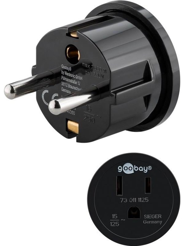 Goobay Nätadapter USA/Japan, svart stickkontakt med skyddsjord (typ F, CEE 7/7) > amerikanskt/japanskt uttag (typ B, NEMA 5-15, 3-polig)
