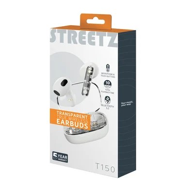 Streetz Streetz T150, osittain läpinäkyvät TWS-kuulokkeet, valkoinen T150-WHT Vastaa: N/A