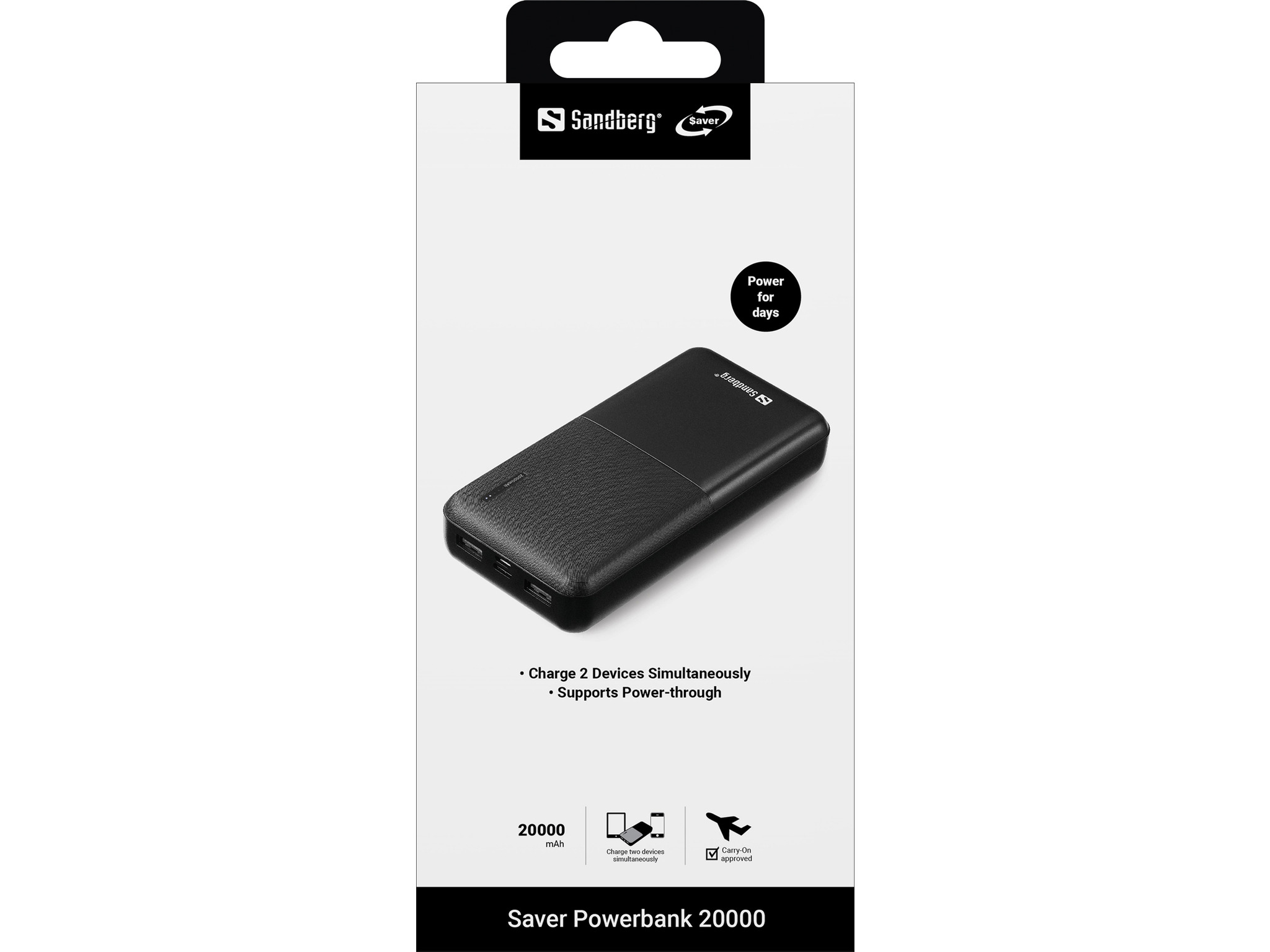 Sandberg SAVER - Powerbank - 20000 mAh - 2,4 A - 2 lähtöliitäntää (USB)