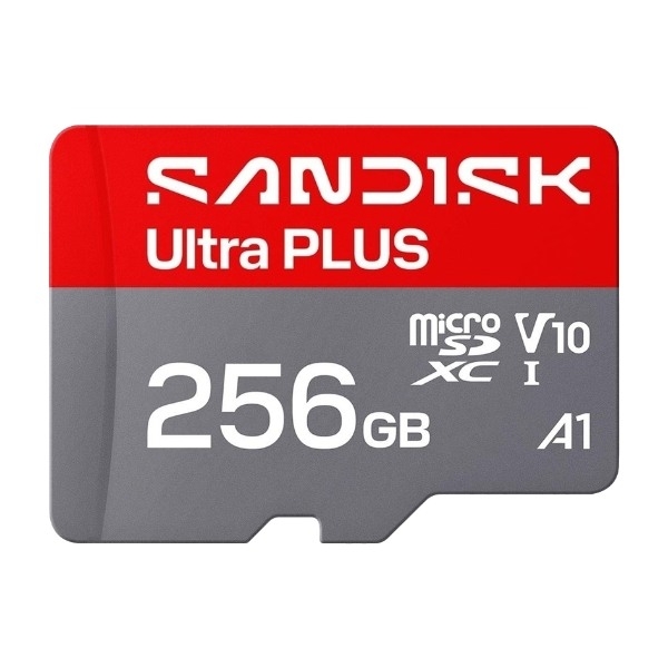 SanDisk 256 Gt MicroSDXC UHS-I Class 10 U1 V10 A1 -muistikortti + SD-adapteri, harmaa, punainen