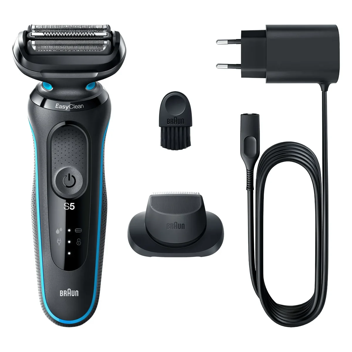 Braun Series 5 51-M1200s, Teräverkollinen parranajokone, Musta, Sininen, AutoSense, Painikkeet, Akku, Sisäänrakennettu akku