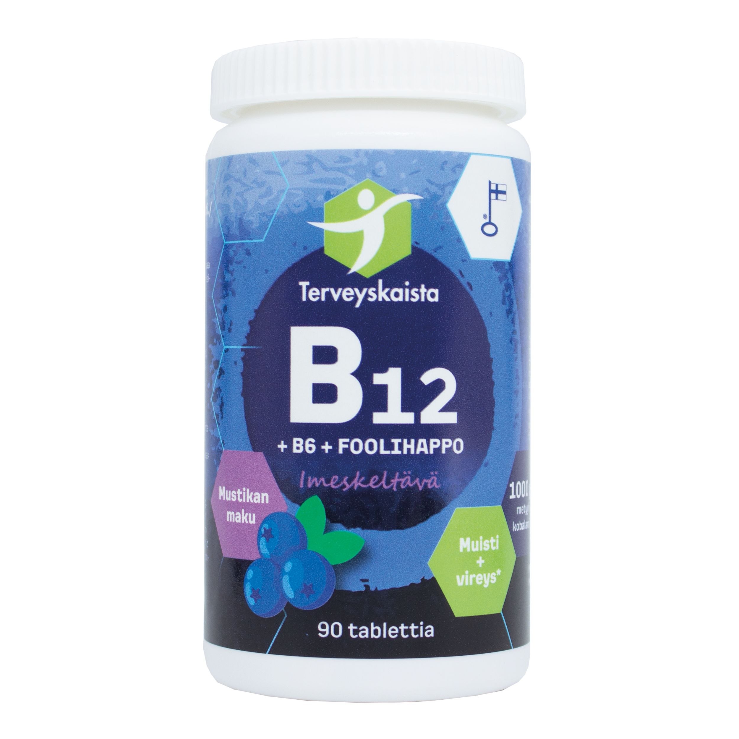 Terveyskaista B12+B6+Foolihappo, mustikka (imeskeltävä) 90 tabl