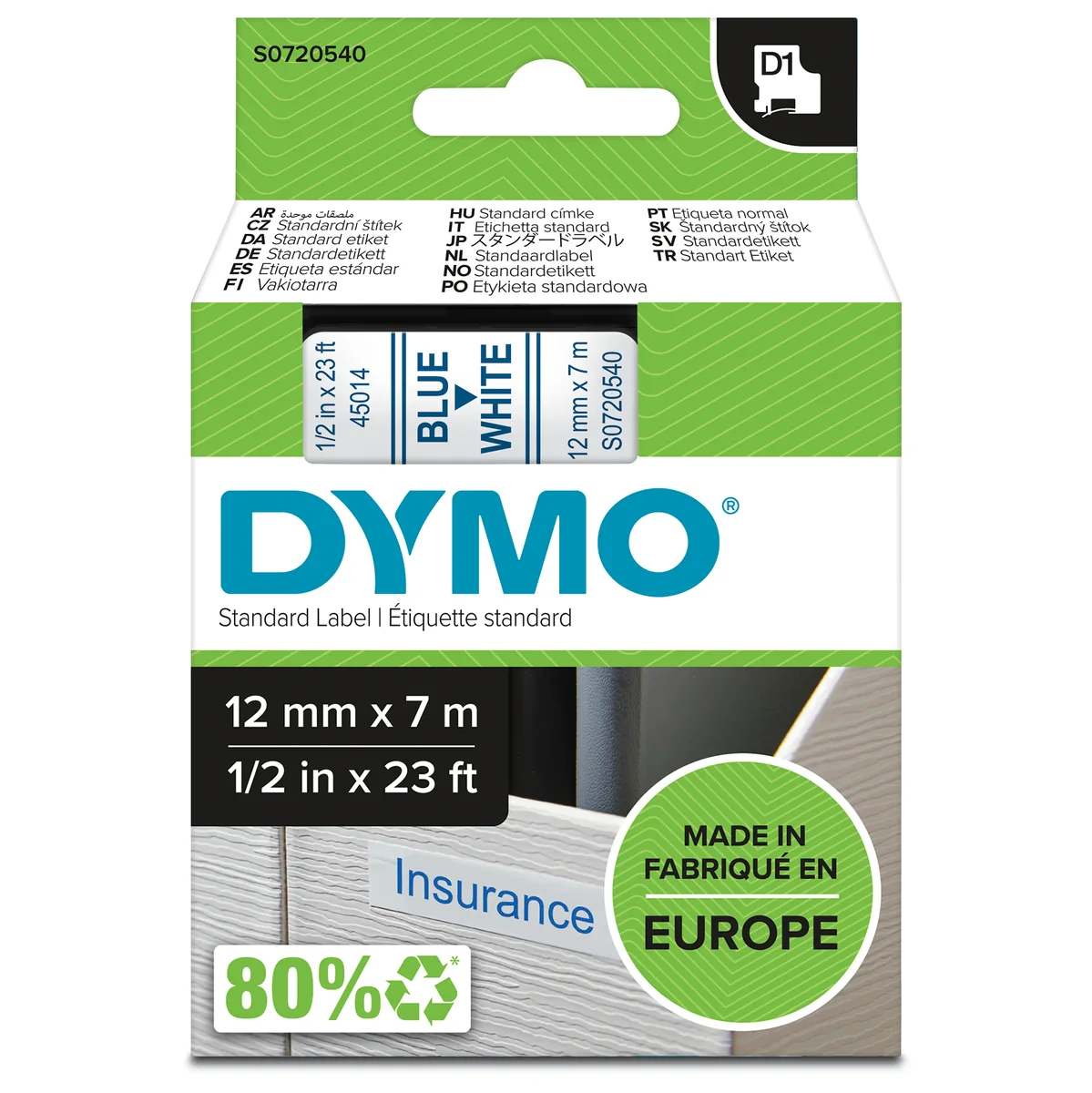 DYMO D1 -teipit, 12 mm x 7 m, sininen / valkoinen, itseliimautuvat teipit LabelManager-tarratulostimille, aito