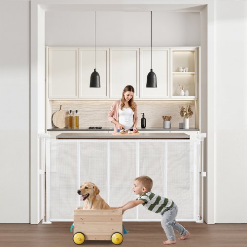 VEVOR Retractable Baby Gate, 870 mm Tall, Extends up to 1400 mm Wide, Retractable Gate for Kids or Pets, Mesh Material, Easy to Install for Indoor Stairs, Doorways, Hallways, Playrooms, White