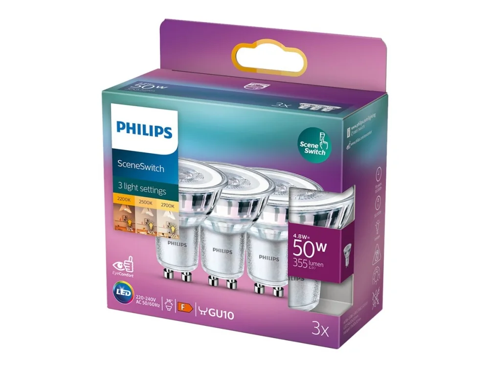 Philips Kohdelamppu 50W PAR16 GU10 x3, 4,8 W, 50 W, GU10, 355 lm, 15000 h, Lämmin hehku
