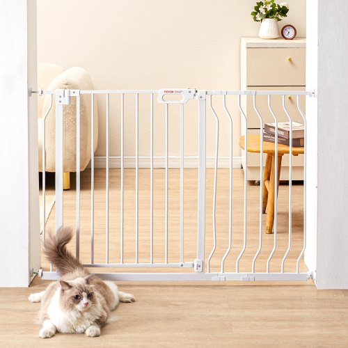 VEVOR Baby Gate, 74.9-122.9 cmExtra Wide, 76.2 cm High, Dog Gate for Stairs Doorways and House, Easy Step Walk Thru Auto Close Child Gate Pet Security Gate with Pressure Mount Kit and Wall Mount Kit, White