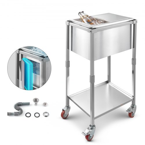 VEVOR Rolling Ice Chest Cooler Cart, 20"L x 14"W x 38"H (510 x 360 x 970 mm) Stainless Steel Cooling Bin on Wheels, 28L Outdoor Stand Up Cooler Trolley with Shelf, for Patio Backyard Party Bar