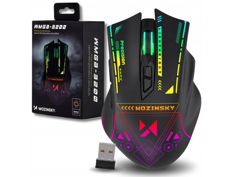 Wozinsky WMGB-3200 Optical Gaming Wireless Mouse with Built-in 3200 DPI Battery with RGB Lighting - Black - Pelihiiri - 7 painiketta - Musta RGB-valolla