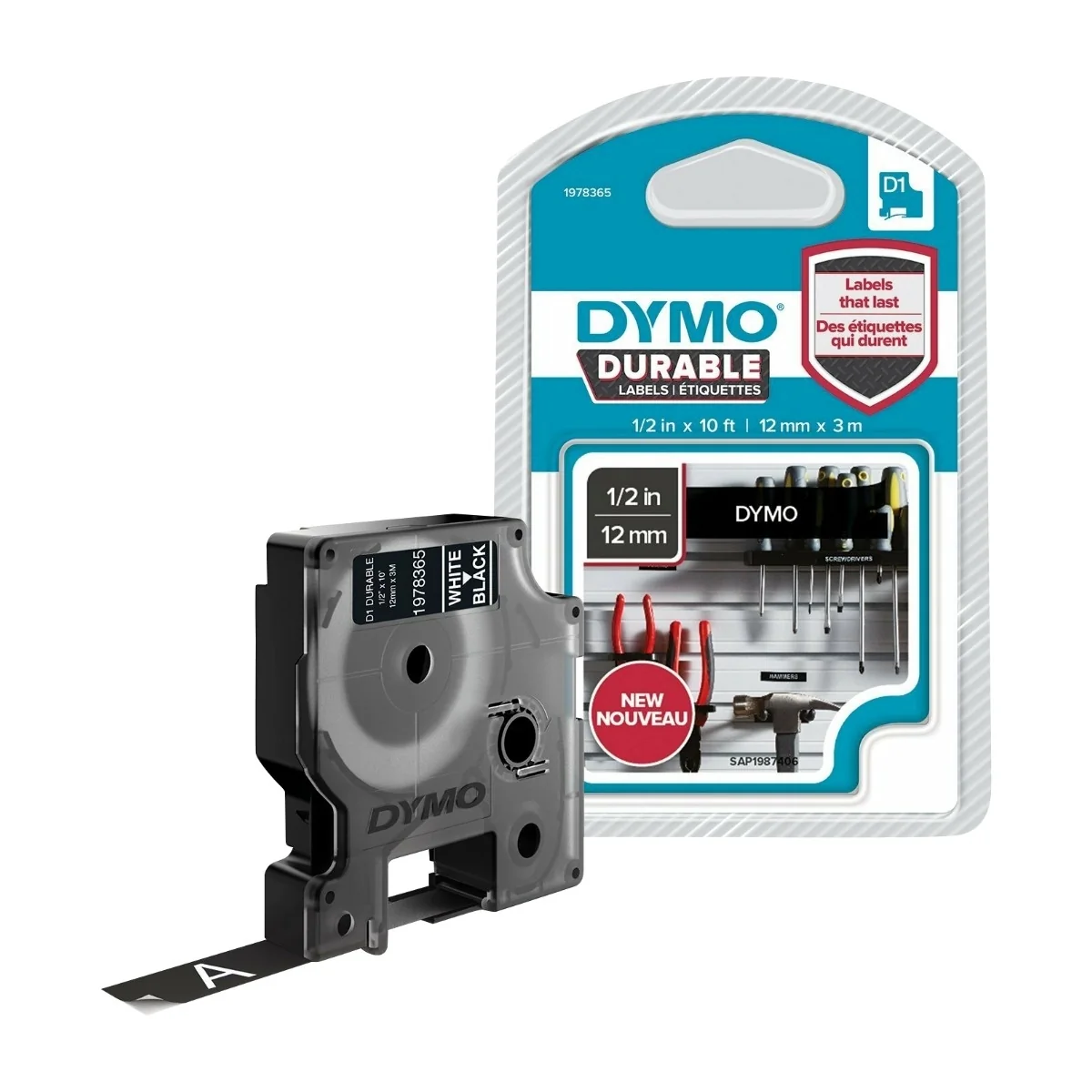 DYMO D1® -tehokkaat / kestävät Durable-teipit, 12 mm x 3 m, valkoinen teksti mustalle, itseliimautuvat teipit LabelManager-tarratulostimille, aito