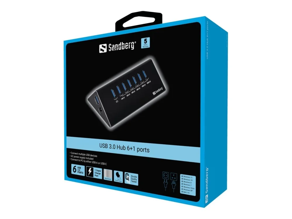 Sandberg USB 3.0 -keskusyksikkö, jossa on 7 porttia USB hub - 7 porttia - USB 3.0 - Musta