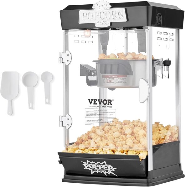 VEVOR Popcorn Maker, 480W Popcorn Popper Machine, 4 Oz Kettle Makes 1.5 Gallon per Batch, Tabletop Popcorn Maker, Includes 3 Scoops, Movie Theater Style, Black