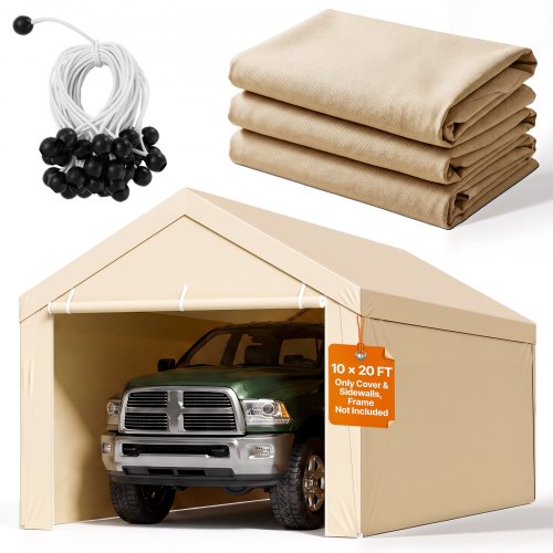 VEVOR Carport Replacement Canopy, 3 x 6 m Potable Garage Tent Top Tarp with Sidewalls, UV-Resistant & Waterproof, Heavy Duty Car Shelter Tarp with Ball Buggees, Beige, Frame Not Included