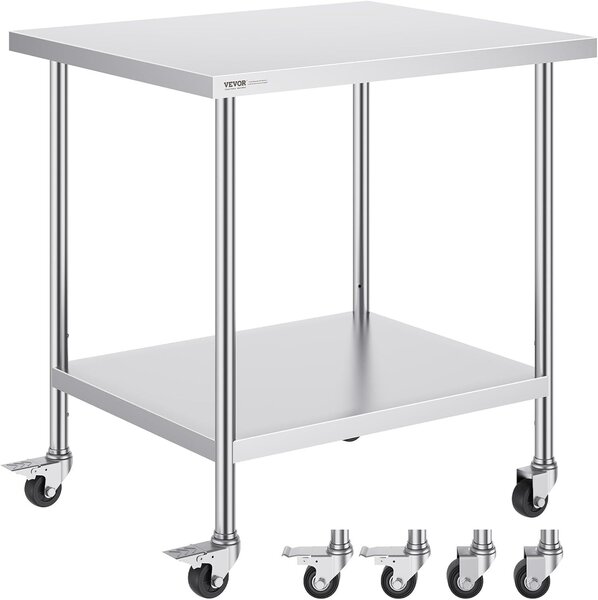VEVOR Stainless Steel Work Table 30 x 18 x 38 Inch, with 4 Wheels, 3 Adjustable Height Levels, Heavy Duty Food Prep Worktable for Commercial Kitchen Restaurant, Silver