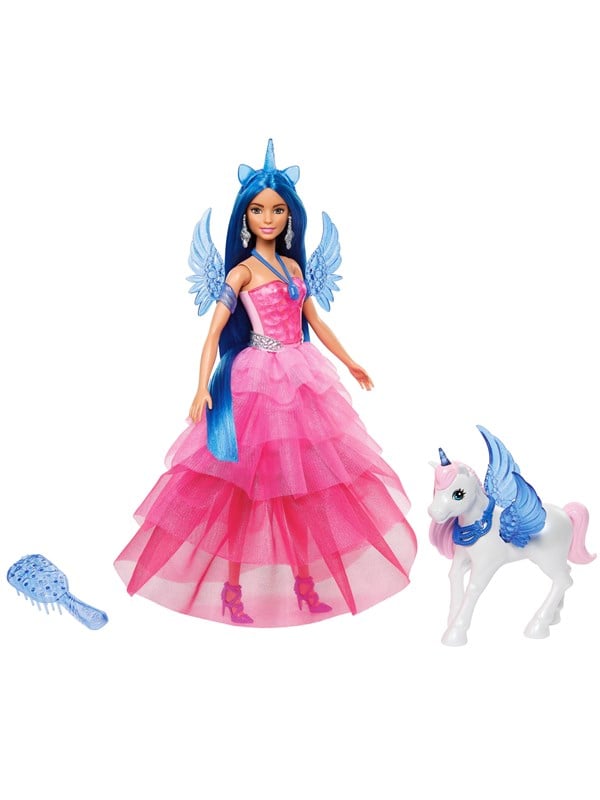 Barbie A Touch of Magic -yksisarvislelu, 65th Anniversary -nukke ja siniset hiukset, pinkki mekko ja lemmikki, Muotinukke, Naaras, 3 vuosi/vuosia, Poika/tyttö, 300 mm, 241 g