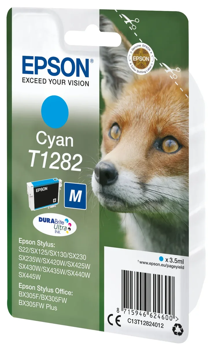Epson Fox T1282 Kettu DURABrite Ultra, yksittäispakkaus, syaani muste, Syaani, 3,5 ml, 1 kpl, 260 sivua, Kertapakkaus