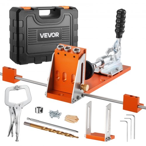 VEVOR Pocket Hole Jig Kit, 12.7 to 38.1 mm Adjustable, Jig Pocket Hole System with Toolcase, C-Clamp, Step Drill, Hex Wrench, Drill Stop Ring, Square Drive Bit, Reinforced Metal Frame, for Woodworking
