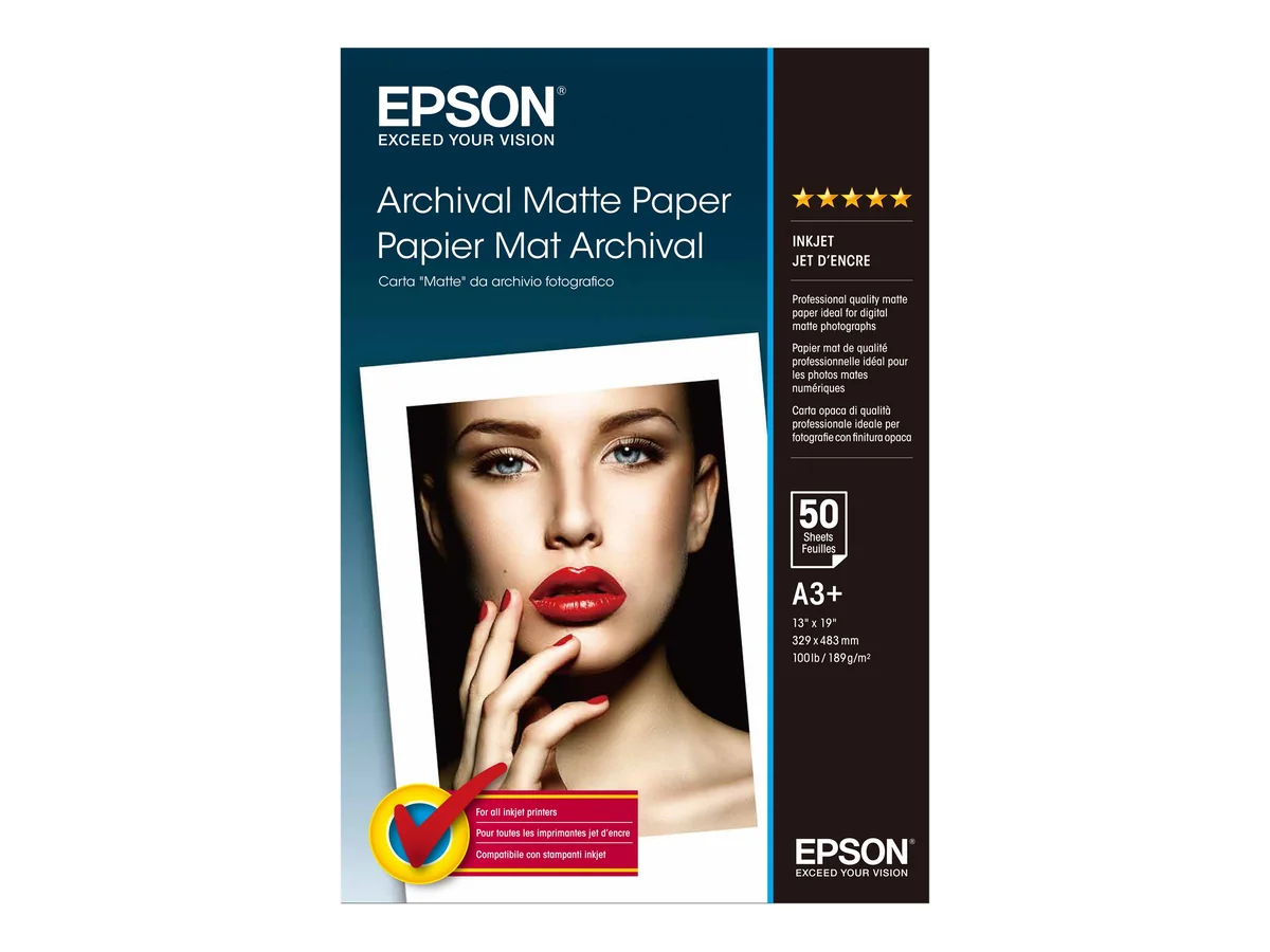Epson Archival Matte Paper, A3+, 50 arkkia, 189 g/m2, Mustesuihkutulostus, A3+ (330x483 mm), Matta, 50 arkkia, 192 g/m², Valkoinen