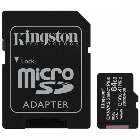 Kingston Canvas Select Plus 64 Gt MicroSDXC UHS-I U1 V10 A1 -muistikortti + SD-adapteri, musta
