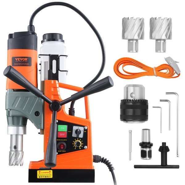 VEVOR Magnetic Drill, 1450W Motor 1.6 in Boring Diameter, 2810 lbf Portable Electric Mag Drill Press, with 2 Coring Bits, Variable Speed, Drilling Machine for Metal Surface, Home Improvement Industry