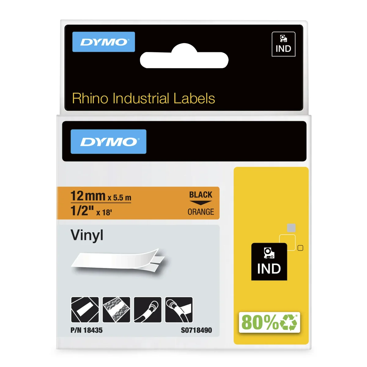 DYMO RhinoPRO merkkausteippi vinyyli, 12 mm, oranssi teippi/musta 5,5m