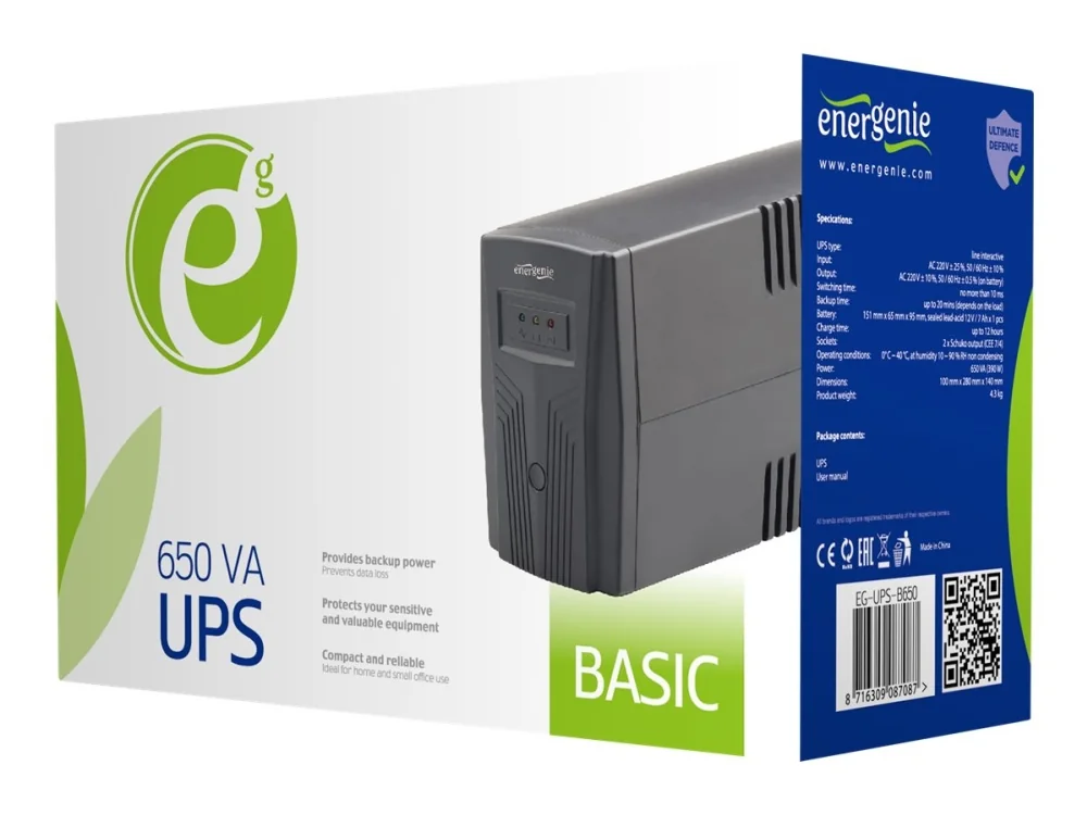 EnerGenie EG-UPS-B650 - UPS - AC 220 V - 390 Watt - 650 VA 7 At - lähtöliittimet: 2