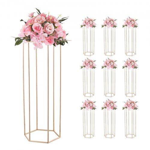 VEVOR Wedding Flower Stand, 10PCS 31.5-inch Column Flower Stand, Floral Stands with Acrylic Laminate, Hexagonal Cubic Floral Display Rack for Wedding, Party, Birthday, Home, French Gold Stands