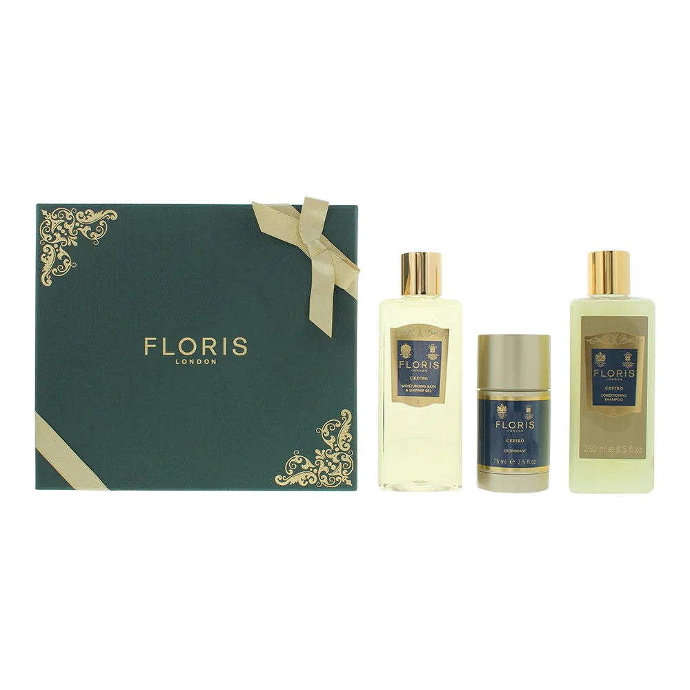 Setti Floris Of London: Cefiro-hiushoitoaine shampoo hiuksille 250 ml + Cefiro kosteuttava suihkugeeli kaikille ihotyypeille 250 ml + Cefiro deodorant