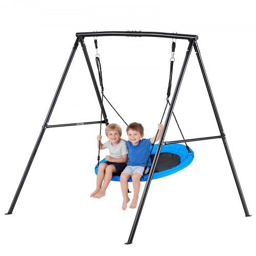 VEVOR Swing Set for Backyard, 100 cm Saucer Swing Seat with Heavy Duty A-Frame Metal Stand, 199.6 kg Load Capacity, Reinforced with Spiral Ground Anchors, Swingset Outdoor for Kids, Black and Blue