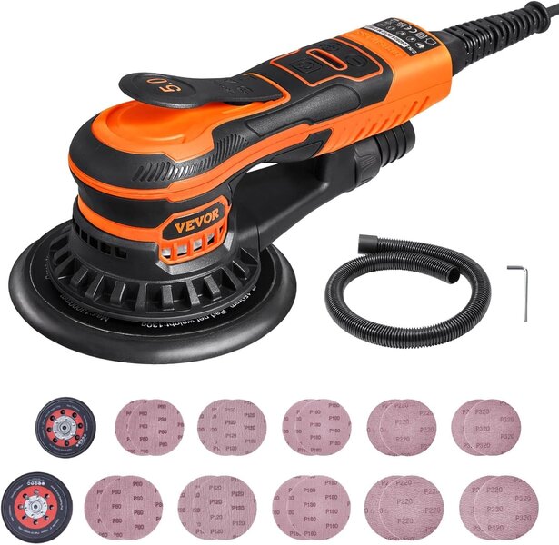 VEVOR Random Orbital Sander 5 & 6-Inch, 350W Brushless Orbital Sander, 10,000 PRM 6 Variable Speed Electric Palm Sander with 20PCS Sandpapers, Dust Connector & Hose for Woodworking Detailing Sanding
