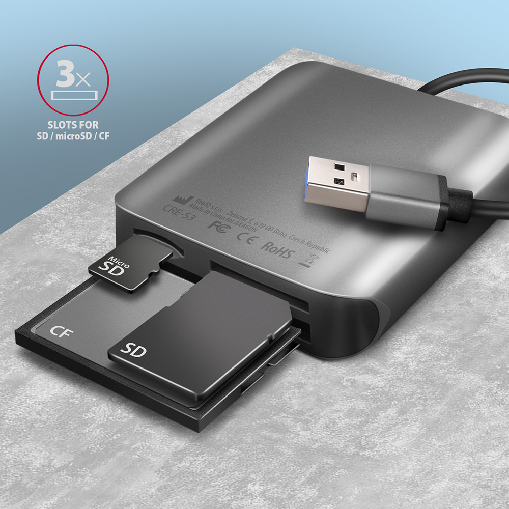 Axagon AXAGON CRE-S3, USB-A 3.2 Gen 1 - SUPERSPEED-kortinlukija, 3-paikkainen & lun SD/microSD/CF, UHS-II-tuki