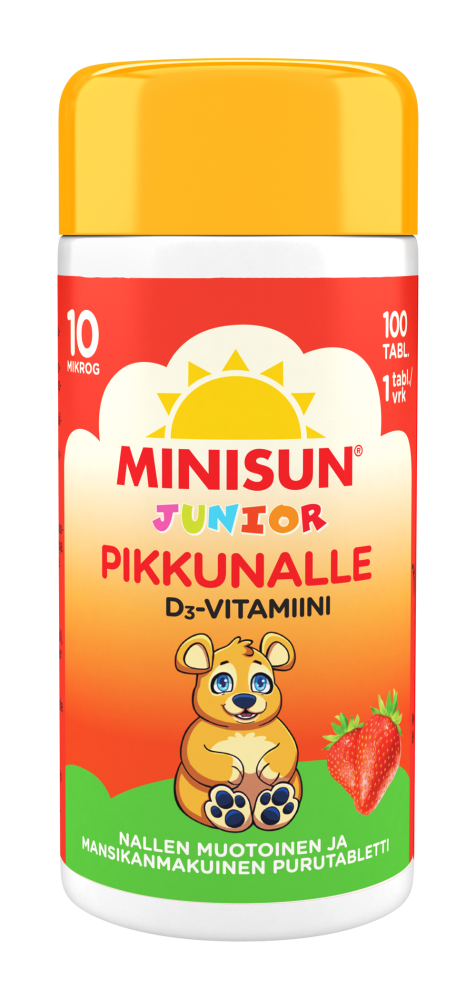 Minisun D-Vitamiini 10 mikrog Junior Nalle 100 purutabl mansikka
