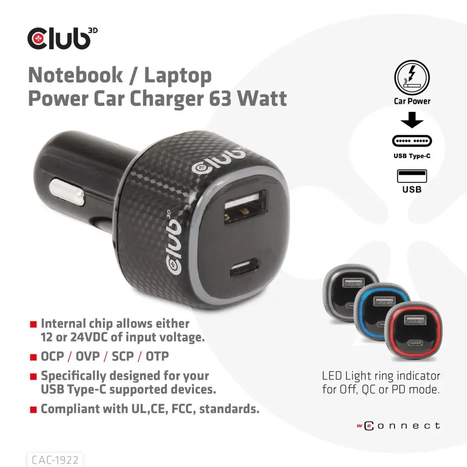 Club 3D - car power adapter - 63 Watt