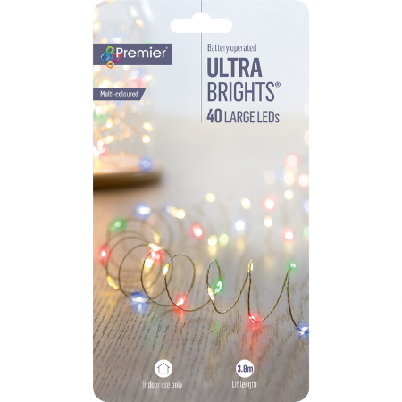 Premier 40 LED-paristokäyttöinen monivärinen valoketju - 3 9 metriä