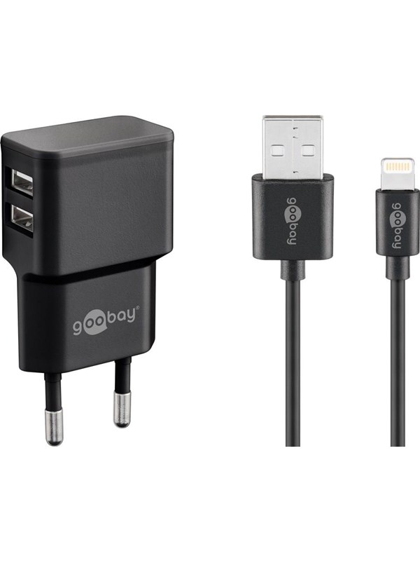 Goobay Apple Lightning Dual laddningssats (12 W) Strömförsörjningsenhet med 2x USB-uttag och Apple Lightning-kabel 1 m (svart)