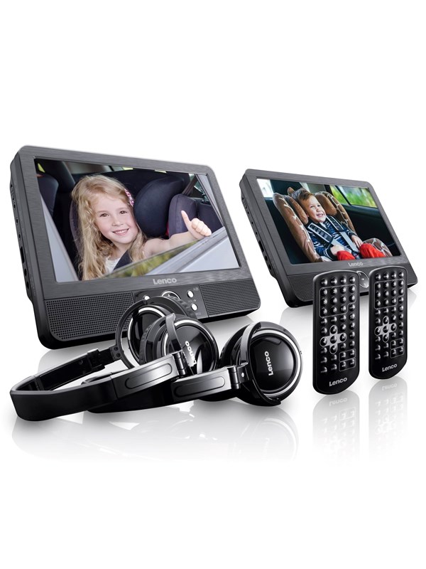 Lenco 2x 9" kannettava DVD-soitin, jossa USB SD sisäänrakennettu akku kuulokkeet ja kiinnike Musta