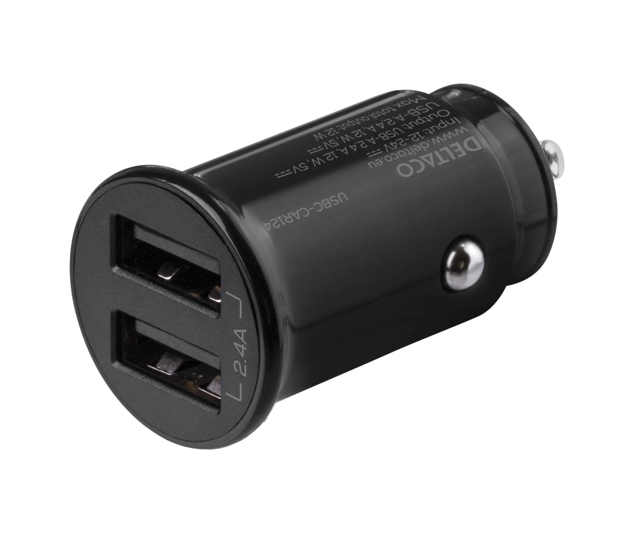 DELTACO kompakti USB-autolaturi, 12V/24V, 2x USB-A, 2,4A, 12W, musta