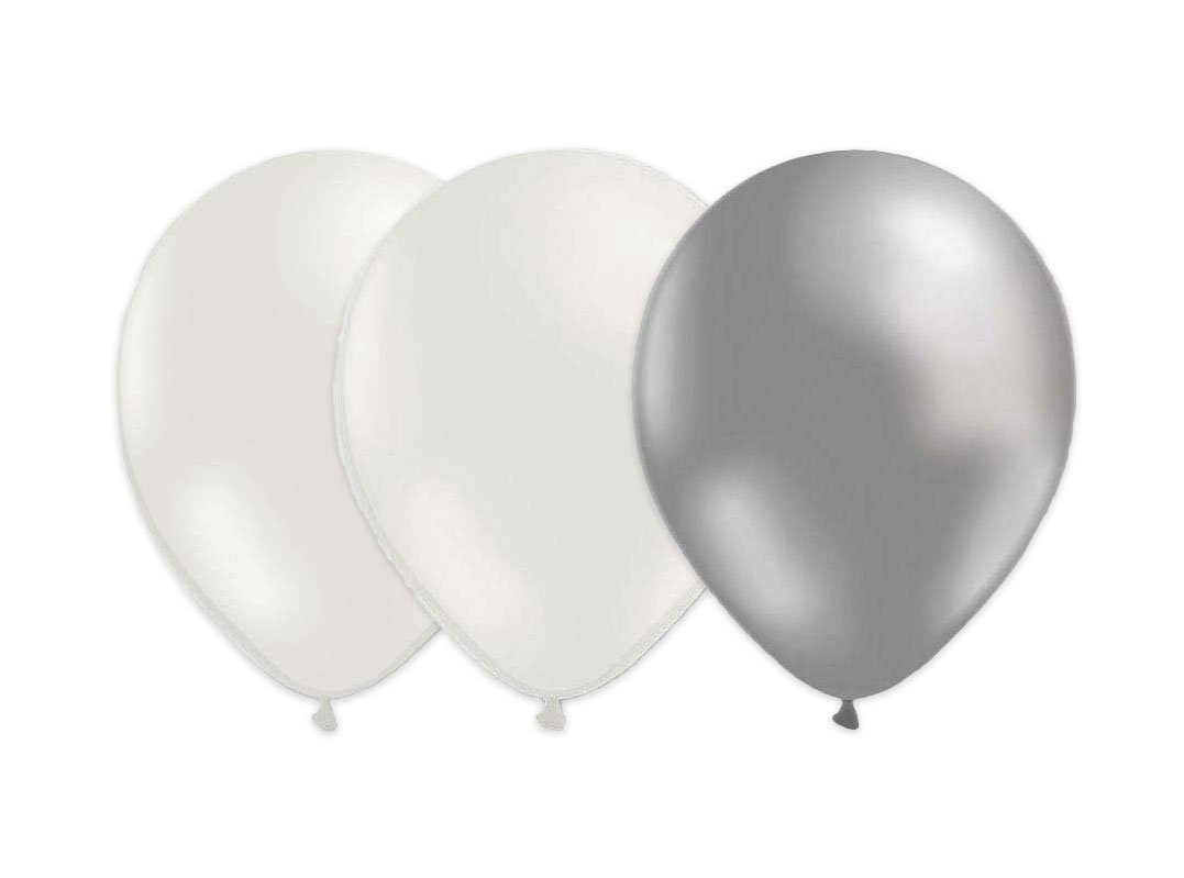 Ilmapallot, Valkoiset/hopeiset, 28cm, 15kpl
