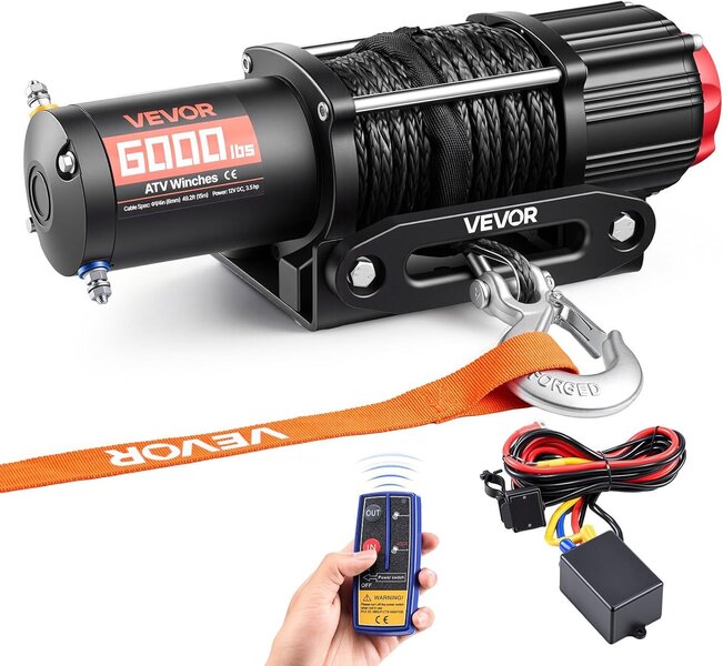 VEVOR 2721 kg Electric Winch, 12V DC ATV/UTV Winch with Φ6 mm x 15 m Synthetic Rope, Wireless & Wired Remote Control, IP55 Waterproof, with Fairlead Mount Plate for Towing ATV UTV Off-Road