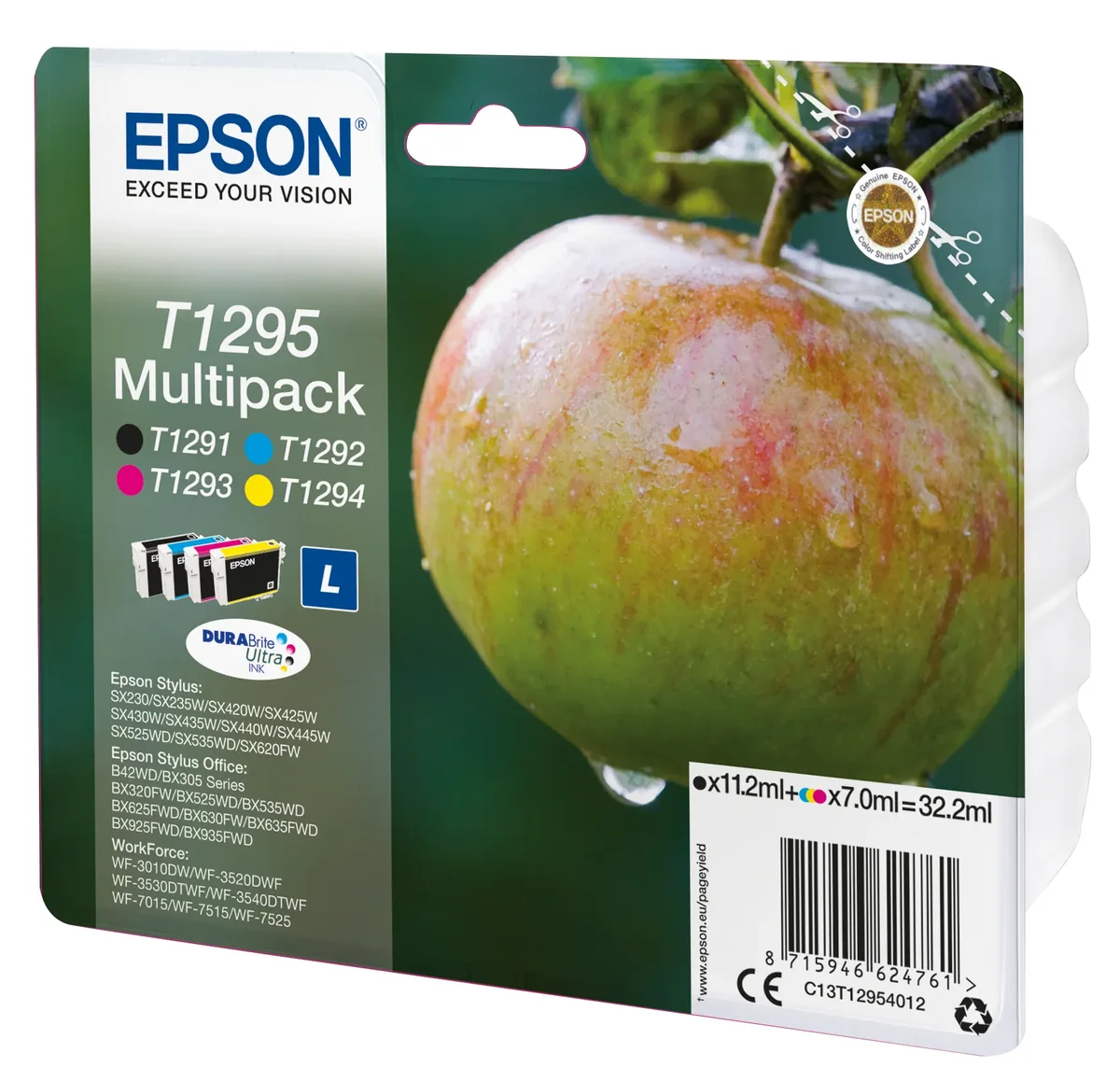 Epson Apple T1295 Omena DURABrite Ultra, moniväripakkaus, 4 väriä, Low Yield, Musta, Syaani, Magenta, Keltainen, 11,2 ml, 7 ml, 1 kpl, Monipakkaus