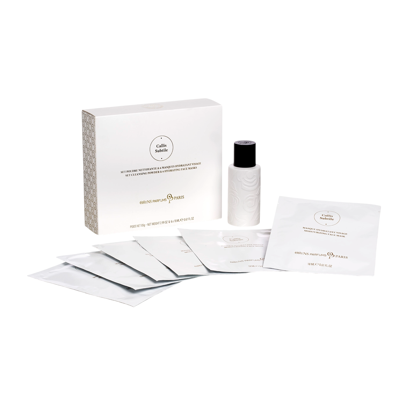 Setti Orens Parfums: Callis Subtile, kosteuttava naamio, kangas, kasvoille, 6 kpl, 18 ml + Callis Subtile, puhdistava ja kuoriva jauhe, 85 g