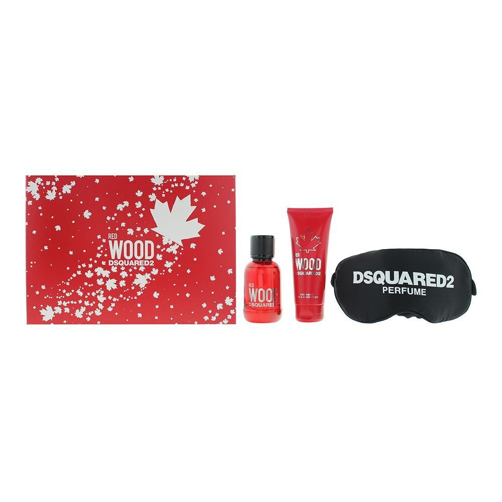 Setti Dsquared 2: Red Wood Eau De Toilette naisille 50 ml + Red Wood Gel & Shampoo 2 in 1 50 ml + Dsquared Black Universal -yönaamio maschera