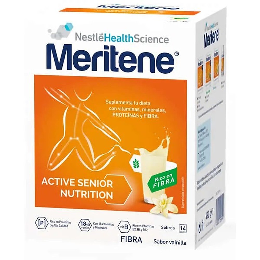 Meritene Active Senior Nutrition SHAKE Vanilla Flavor Runsaasti kuitua 14 kirjekuoressa